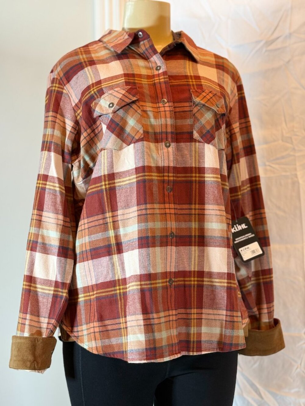 Kuhl Soft Red Plaid Snap Front Shirt w/Corduroy Cuff accents Women's L NWT!